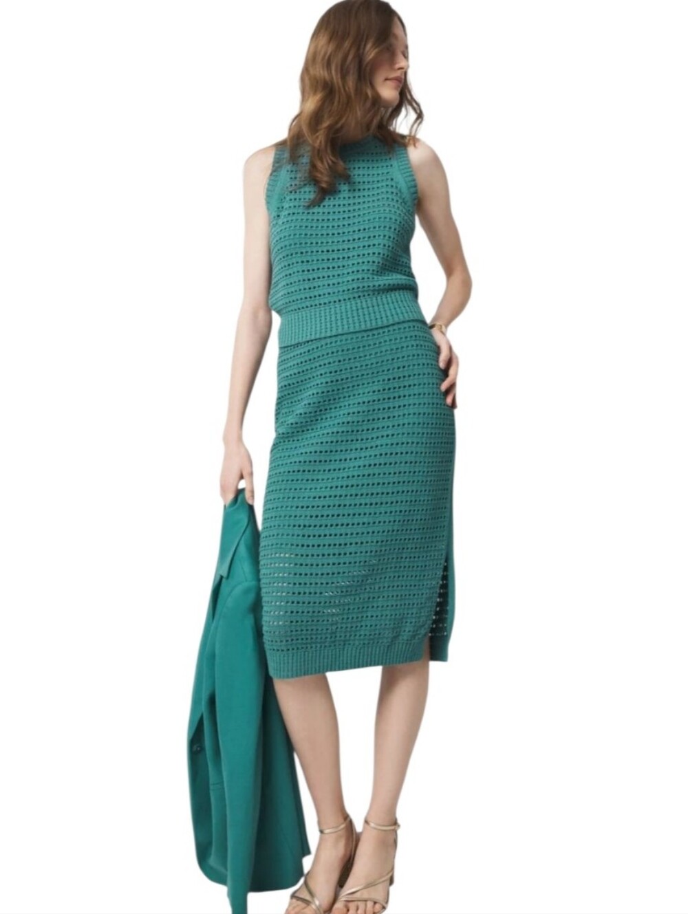 Nwot WHBM Teal 2 Pc Skirtset Open Crochet Rounded Neck Sleeveless,Front Slit